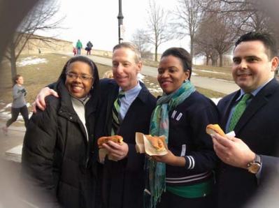 Congressman Stephen F. Lynch and Rep. Nick Collins joined State Senator Linda Dorcena Forry and Dorchester’s Donna Gittens, left, at Castle Island in South Boston on Sunday as the elected officials filmed video in preparation for the annual St. Patrick’s Day Breakfast. Forry will host the event on March 16. 	Photo courtesy Sen. Forry’s office